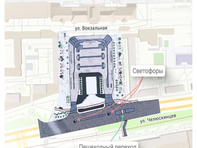 На схеме показан проект реконструкции участка у вокзала | Источник: Филипп Сапегин / E1.RU