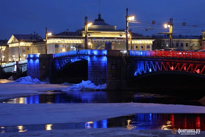 Мосты в Петербурге окрасились в триколор в честь 11-й годовщины Крыма в составе РФ | Источник: Анастасия Барашкова / «Фонтанка.ру»