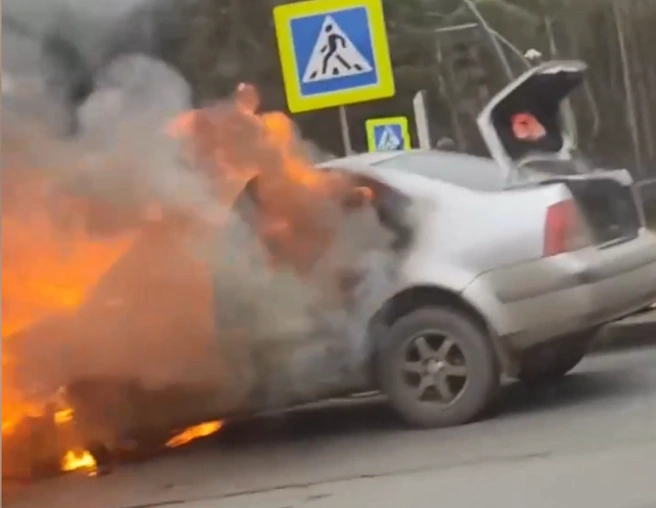 Возгорание началось под капотом, но пламя быстро перекинулось в салон | Источник: читатель 74.RU