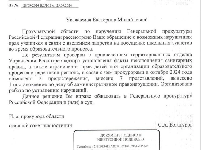 Прокуратура выявила нарушения в нижегородских школах в 2024 году | Источник: Екатерина Мизулина / Telegram