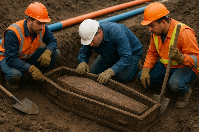В Кировске на территории больницы откопали гроб с двумя скелетами  | Источник: «Фонтанка.ру» / сгенерировано ChatGPT