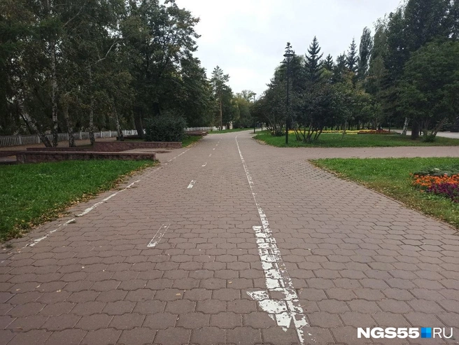 Разметка велодорожки в Воскресенском сквере местами стерта | Источник: Ольга Васильева / NGS55.RU