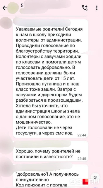Дети, у которых собирали смс-коды, по закону не могут голосовать, а их аккаунты на «Госуслугах» привязаны к родительским | Источник: родители учеников школы