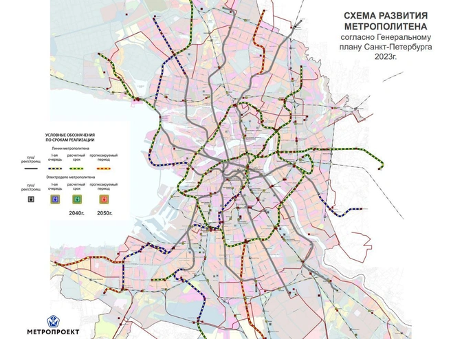 На схеме обозначены три участка на 2040–2050 годы: метро к Стрельне, петля к «Звездной» и Бугровский радиус | Источник: Доклад «Метропроекта» на конференции «Тоннели и метрополитены будущего: первые 100 лет»