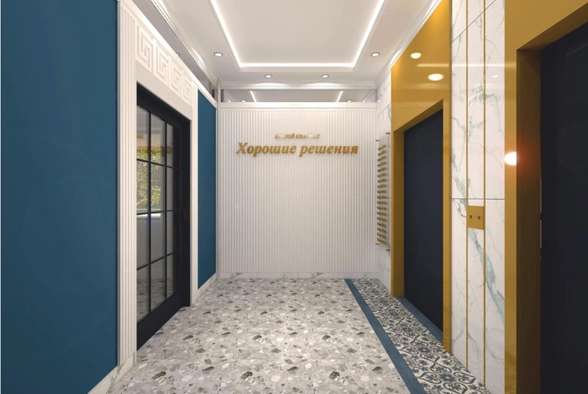 На стенах&nbsp;— барельефы, лифт украшен стилизованным под золото порталом. Керамогранит на полу дополняет ансамбль | Источник: СЗ «Сириус»