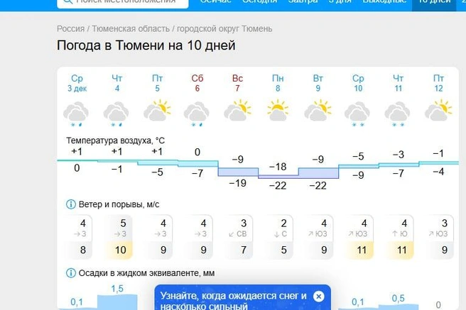 Ближайшие дни в Тюмени будут теплые, а вот с воскресенья резко похолодает | Источник: Gismeteo.ru