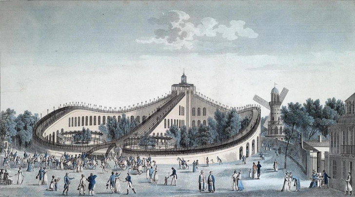 Аттракцион «Воздушные прогулки» на Елисейских Полях в Париже. Ок. 1820 года | Источник: Wikimedia Commons