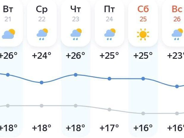 Ночью температура составит +16…+18 градусов | Источник: yandex.ru/pogoda