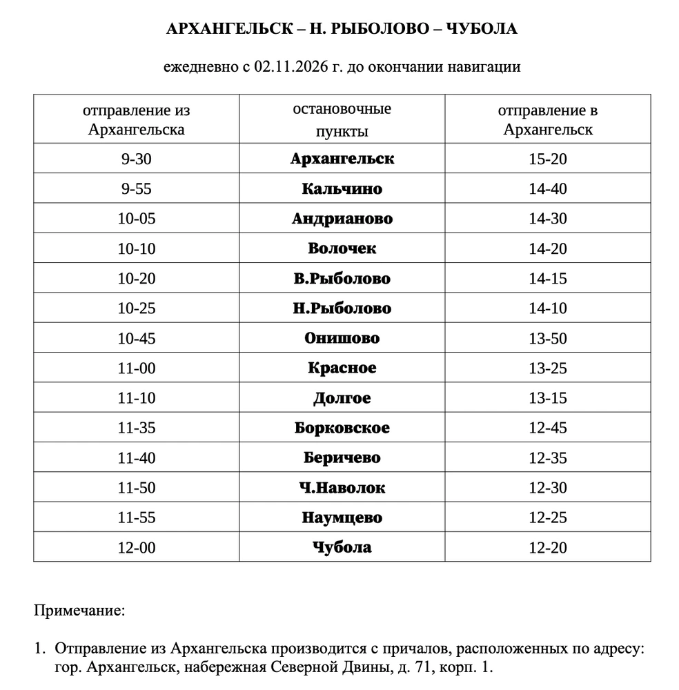 Расписание с 2 ноября до окончания навигации | Источник: arpnet.ru