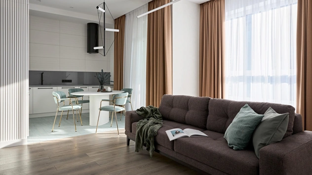 Голубой + латунь: универсальная квартира 65 м²