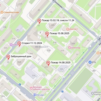 Мы отметили все сгоревшие за последнее время двухэтажки в одном квартале | Источник: «Яндекс Карты»