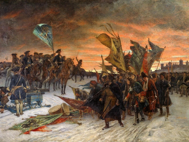 Густав Седерстрем. «Победа шведов под Нарвой в 1700 году» (1910). Утром 19 ноября 1700 года шведские войска под прикрытием метели атаковали растянутые позиции русской армии у крепости Нарва. Русскими командовал австрийский герцог де Кроа: царь Петр в это время собирал подкрепление в Новгороде. Когда среди солдат началась паника, большинство офицеров-иностранцев, включая де Кроа, сдались шведам. Лишь благодаря стойкости Семеновского и Преображенского полков большая часть русских войск получила право с оружием вернуться домой | Источник: Wikimedia Commons