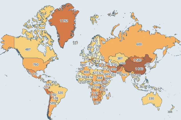 Географический тест: 600 у России, 760 у США, 1840 у Китая — сможете понять, что показывает карта? | Источник: mapus.ai