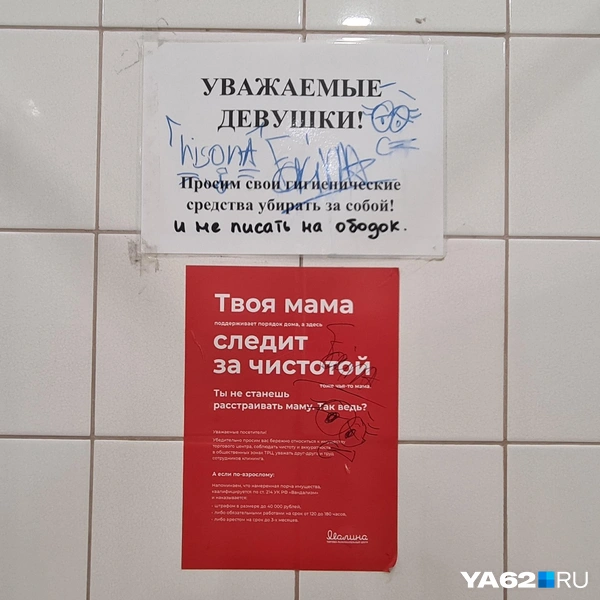 В туалетах ТЦ «Малина» просят следить за чистотой, однако вандалы разрисовали эти плакаты | Источник: Светлана Коновалова / YA62.RU