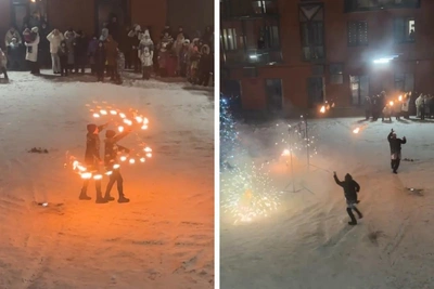 В Архангельске устроили новогоднее фаер-шоу во дворе