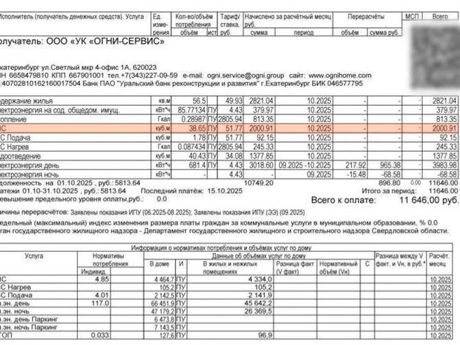 В октябрьском счете плата за водоснабжение увеличилась в несколько раз | Источник: Екатерина, читательница E1.RU