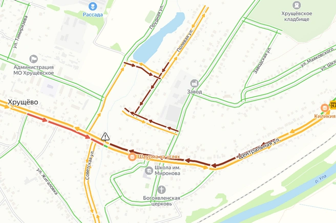 Движение в Хрущево практически парализовано | Источник: yandex.ru/maps