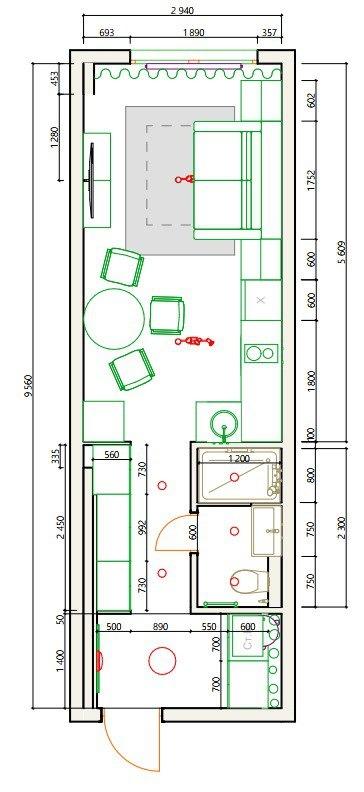 План апартаментов 27 м². Проект дизайнера Александры Кошелевой.