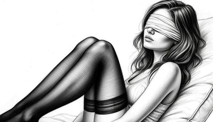 Девушка с завязанными глазами и в чулках может быть чьим-то фетишем | Источник: Шедеврум