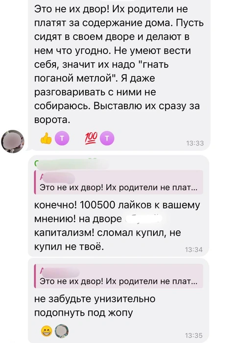 Соседи предлагают выгонять чужих детей из двора | Источник: скрины из домового чата