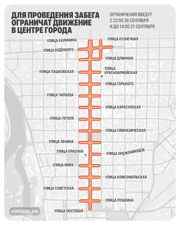 Схема перекрытия дороги на время забега | Источник: Krd.ru
