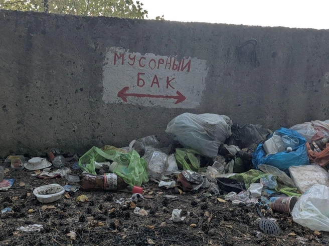 Надпись — как в шутке про суслика: «Видишь мусорный бак? Нет? А он есть». Только надо добавить: где-то… | Источник: Елизавета Бражник