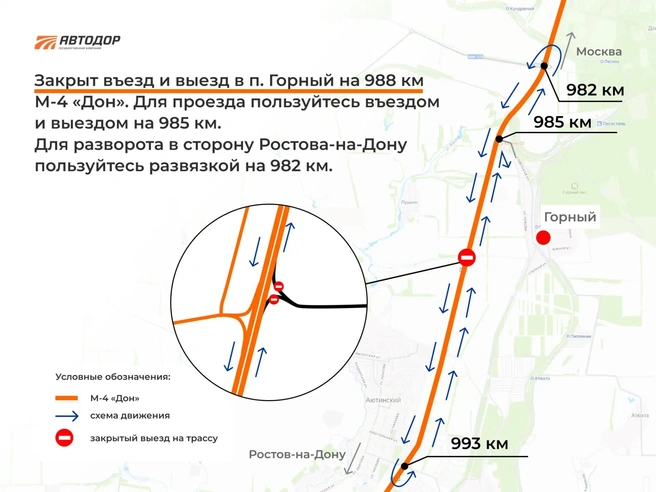 Схема объезда перекрытого участка на 988&nbsp;км трассы М-4 | Источник: «Автодор» / max.ru