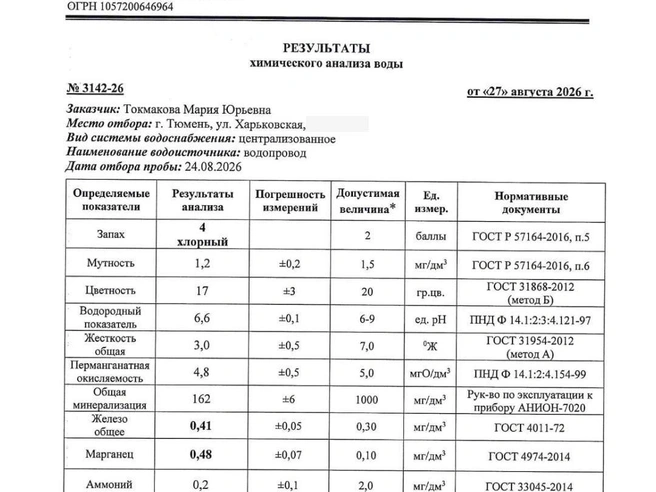 Свежий анализ воды  | Источник: Мария Токмакова / 72.RU 