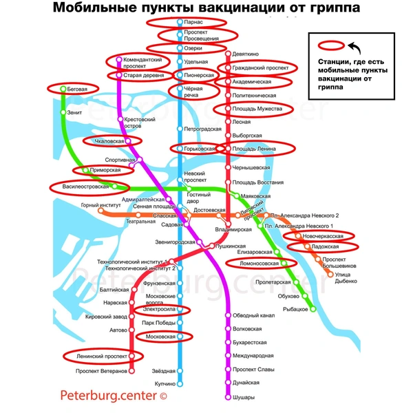 Детям прививки от гриппа в мобильных пунктах не делают. Взрослым для проведения процедуры (она бесплатная) нужно иметь паспорт и полис ОМС  | Источник: t.me/komzdravspb