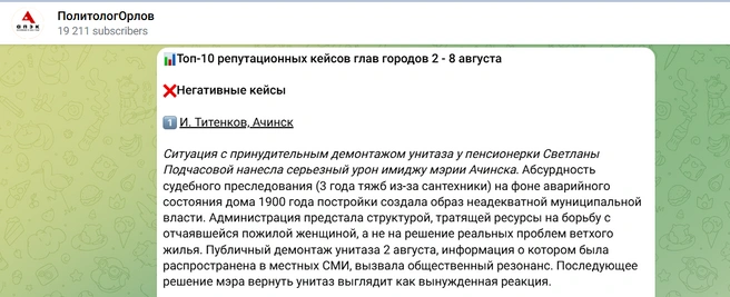 Мэр Ачинска Игорь Титенков оказался на первой строчке антирейтинга репутационных кейсов глав городов по итогам первой недели августа | Источник: Политолог Орлов / Telegram