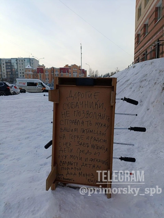 В Коломягах «заминировали» горку. Дед Мороз попросил не гадить | Источник: Приморский район СПб
