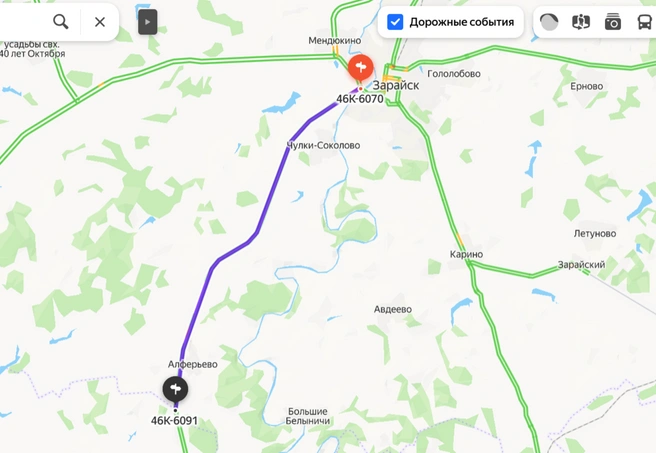 Под ремонт пойдет участок дороги Зарайск&nbsp;— Серебряные Пруды | Источник: «Яндекс Карты»