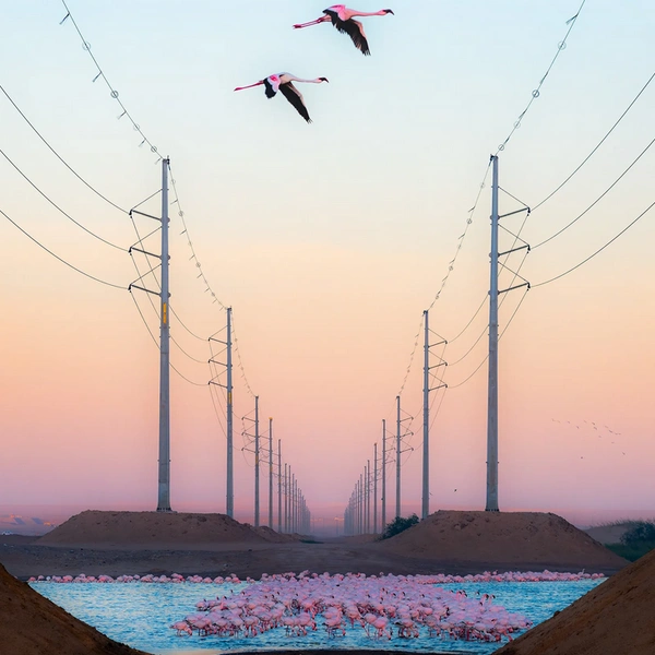 Пара фламинго пролетает над опорами линии электропередачи. Уолфиш-Бей, Намибия | Источник: Alexandre Brisson / Wildlife Photographer of the Year 2025