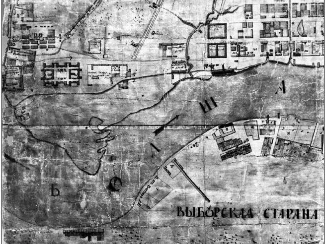 «Генеральный план Санкт-Петербургу» (план И.-Ф. фон Зигхейма). 1738 г. Фрагмент. РГВИА | Источник: Бурдяло А. В., Залманзон А. М. Смольная набережная и Орловская стрелка — terra incognita Петербурга. — Санкт-Петербург: Ладога, 2026.