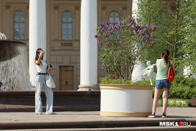 Девушки фотографируются у кустов | Источник: Артём Устюжанин / MSK1.RU