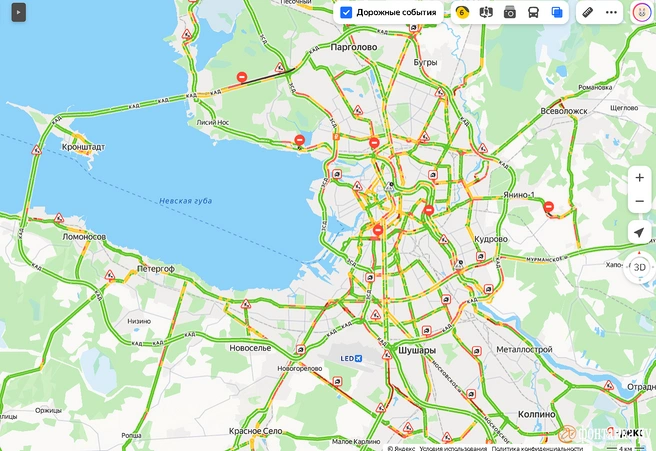 Пробки в Петербурге еще до часа пик превысили обычные на 1 балл | Источник: Яндекс.Карты
