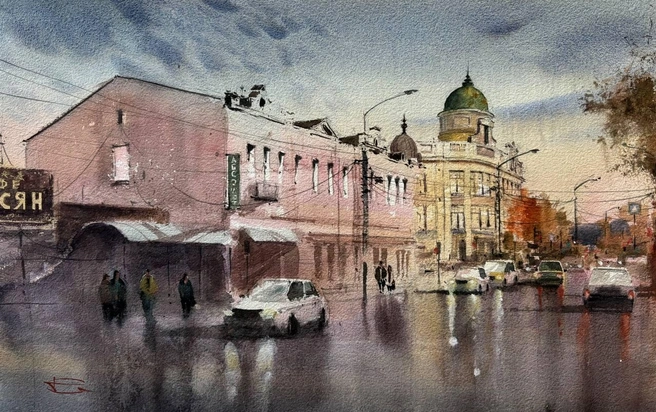 Одна из его картин — акварельная улица Амурская напротив здания прокуратуры | Источник: предоставлено Артемом Тарасовым