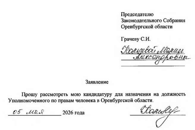 Заявление Марии Комлевой | Источник: Выдержка из документов Заксоба Оренбуржья