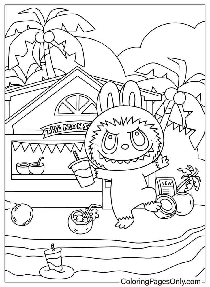 Раскраска лабубу на море, играет на пляже | Источник: coloringpagesonly.com