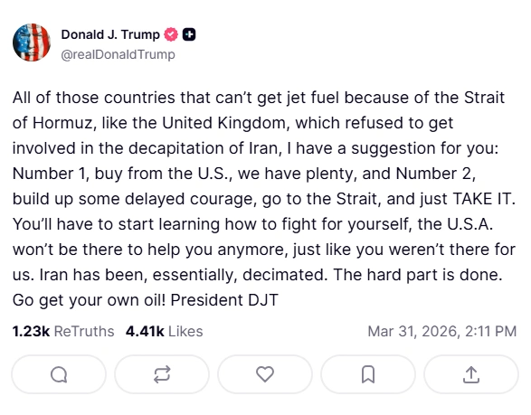 «Идите и добывайте свою нефть!» Трамп отказался помогать другим странам | Источник: Truth Social