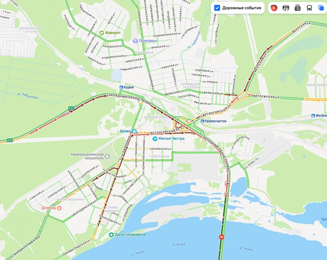Пробка парализовала движение на всех подъездах к Красавинскому мосту | Источник: «Яндекс Карты»