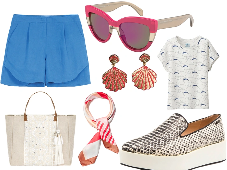 1. Очки, Marc by Marc Jacobs, 9300 руб.2. Серьги, Rosita Bonita, 2755 руб.3. Платок, Marella, 5900 руб.4. Топ, Uniqlo, 799 руб.5. Брошь, GLAZ, 590 руб.6. Сумка, Accessorize, 4670 руб.7. Шорты, MAX & Co., 5200 руб.8. Слиперы, Calvin Klein, rendez-vous.ru, 10 990 руб.