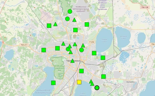 Желтый — повышенный — уровень загрязнения фиксируется в районе озера Смолино | Источник: emc.gov74.ru