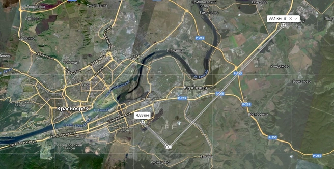 4,83 километра&nbsp;— Красноярск; 33,1 километра&nbsp;— Сосновоборск | Источник: yandex.ru/maps