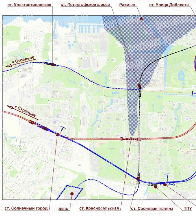Новый вариант трассировки к Стрельне идет в створе проспекта Ветеранов, а не Петергофского шоссе | Источник: «Фонтанка.ру»
