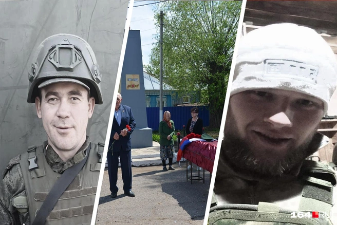 Погибшие на спецоперации вольчане Юрий Парамонов и Сергей Кузахметов, соответственно, слева и справа, а также похороны жителя Базарно-Карабулакского района Анатолия Чернова (в центре) | Источник: Сергей Сафонов Zа Вольский район / Telegram, Вестник района / Telegram