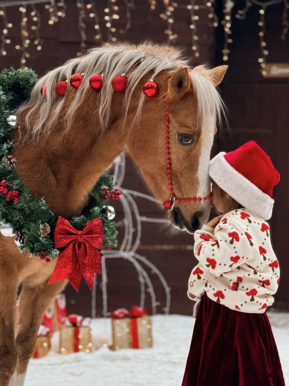 К новогодним фотосессиям лошадей наряжают в венки и вплетают им украшения в гривы | Источник: Предоставила Олеся Карячкина