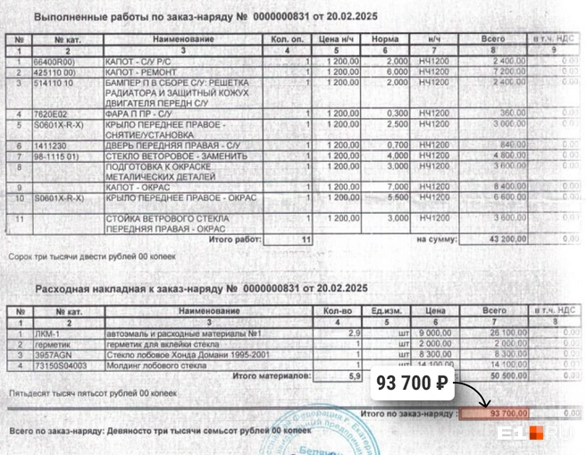 Восстановление автомобиля обошлось почти в 100 тысяч рублей | Источник: читатель E1.RU