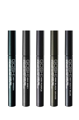 Жидкая подводка для глаз Gosh. Цвета: зеленый, серый, фиолетовый, черный металлик и темно-синий.