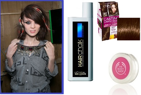 Модель Ashish 2014.Краска Casting creme gloss #403, Цветной мелок для волос The body shop Tickle me pink, Макияж для волос L'oreal hair Chalk Blue ocean